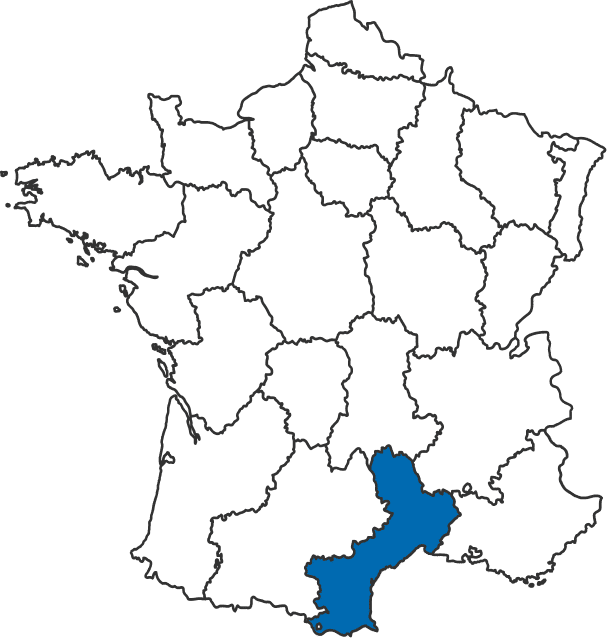 Carte de la région Languedoc-Roussillon en France Carte de France avec la région Languedoc-Roussillon surlignée en bleu sur fond blanc.