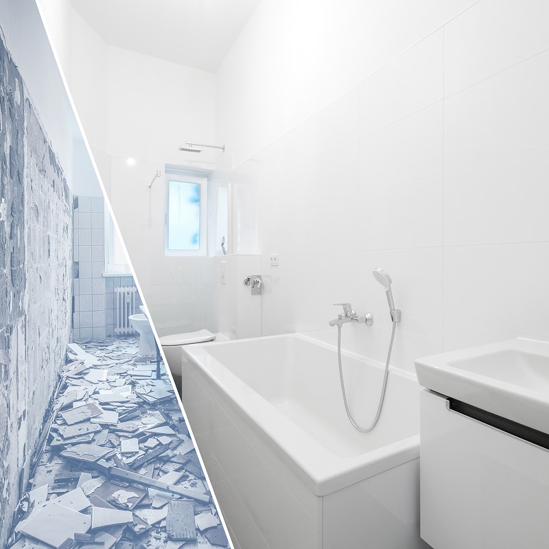 Rénovation Salle de Bain : Transformation Avant Après Rénovation salle de bain avant après montrant la démolition et une nouvelle pièce moderne avec baignoire blanche.